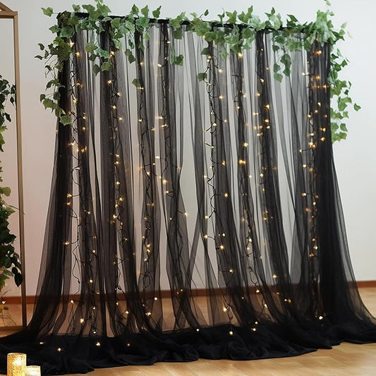10×8ft Black Tulle Curtain Backdrop with Lights String for Parites, Sheer Backdrop Curtain Drapes for Wedding Photo Baby Shower Photography Birthday Party