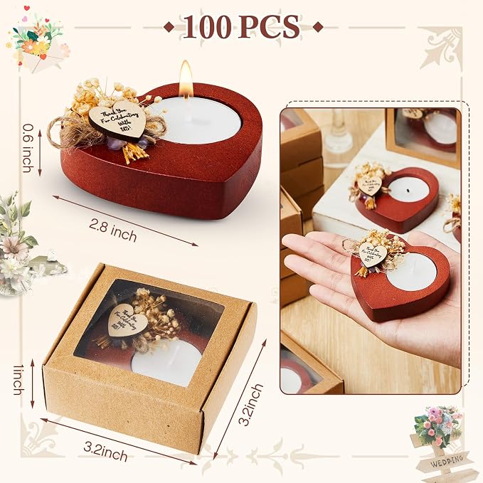 100 Pcs Wedding Candles Favors Rustic Wood Heart Candle Holders Bridal Shower Thank You Gifts for Guest Anniversary,Engagement Party Favors Decor (Deep Wood Color)
