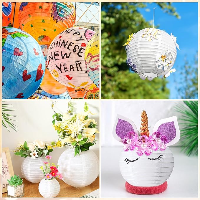 Treela 48 Pcs Paper Lanterns Party Decorations Chinese Round Paper Decor 4/6/8/10 Inch Asian Hanging Lamps Decorative for Graduate Wedding Birthday Party Bridal Parties Supplies(White)