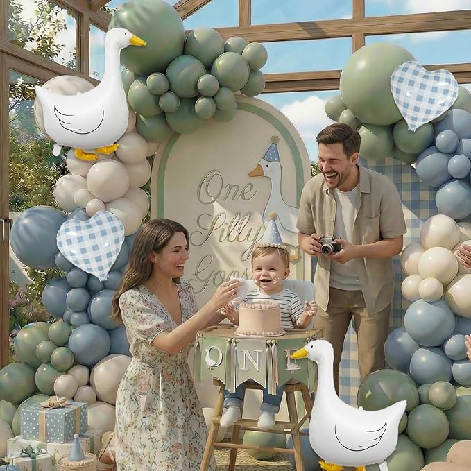 One Silly Goose Balloon Arch Kit – Sage Green Dusty Blue Balloon Garland with Goose gingham heart balloons, Vintage Goose Baby Shower Decorations, Boy or Girl Birthday Party Decor (146PCS)