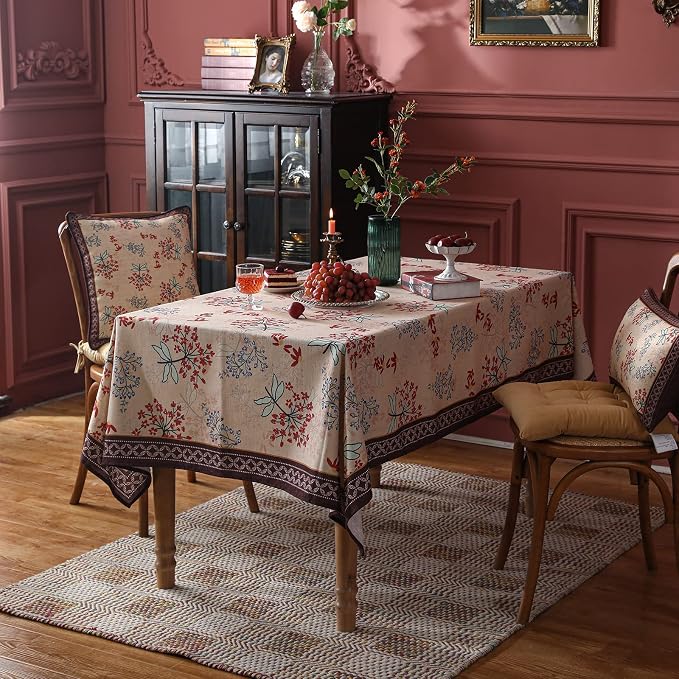 patdrea Vintage French Linen Tablecloth,Rectangular,79"x55"-NewMari | Elegant Printed Table Cloth for Rectangle Table,Red Floral Patterned,Dining Room Kitchen Tea Party Decoration,Durable
