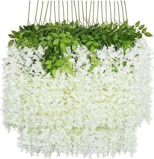 U'Artlines 24 Pack (Total 86.4 Feet) Artificial Fake Wisteria Vine Rattan Hanging Garland Silk Flowers String Home Party Wedding Decor (24, White)