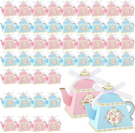 Fuutreo 50 Pcs Spring Tea Party Favor Boxes Tea Party Decorations Vintage Floral Teapot Box Flower Teapot Candy Gift Case for Women Garden Wedding Bridal Shower Birthday(Pink,Blue)