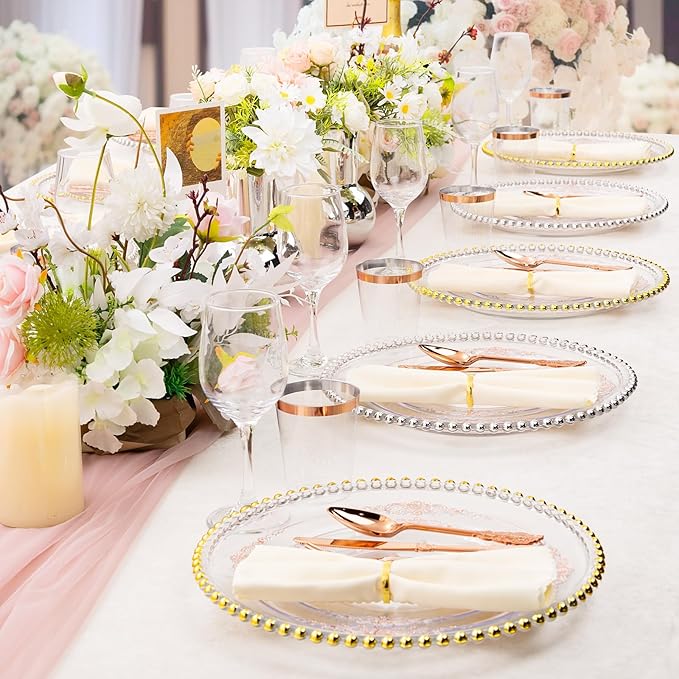 Hioasis 175pcs Clear Rose Gold Plastic Plates - Elegant Disposable Dinnerware Set Suitable for 25 Guests Include 10.25" Dinner & 7.5" Dessert Plates, Cutlery, Napkins, Cups for Party