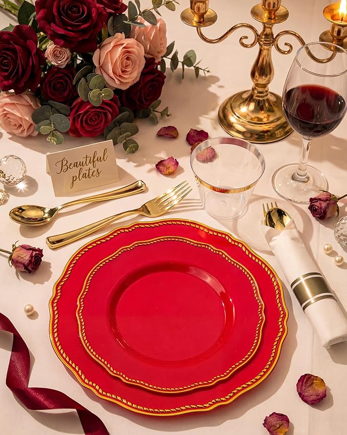 Hioasis 350pcs Red Gold Plastic Plates - Red Plastic Dinnerware Set Includes 50 Dinner Plates, 50 Dessert Dinnerware, 50 Cups, 50 Pre-rolled Napkins Perfect for Wedding & Party &Mother’s Day