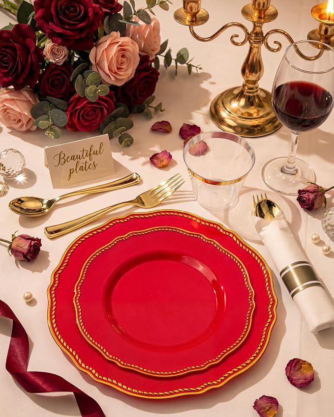 Hioasis 175pcs Red Gold Plastic Plates - Red Plastic Dinnerware Set Includes 25 Dinner Plates, 25 Dessert Dinnerware, 25 Cups, 25 Pre-rolled Napkins Perfect for Wedding & Party