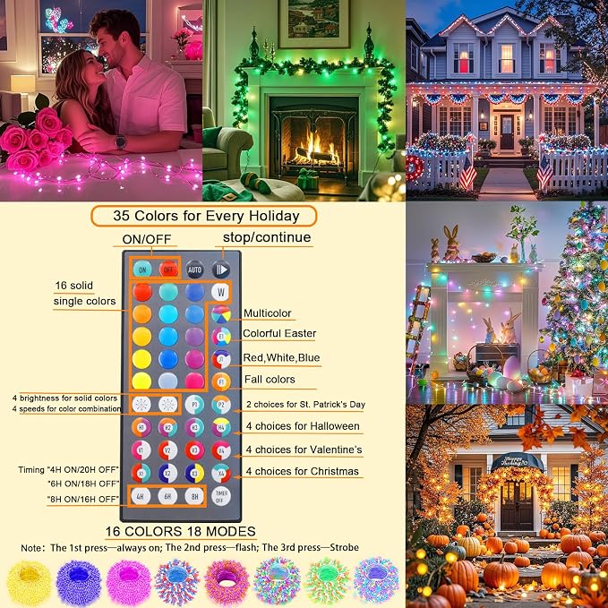 Pooqla 2 Pack Color Changing String Lights Battery Operated, Total 66.6ft 200 LED 34 Colors Battery Christmas Lights with Remote Indoor Outdoor Decorations Bedroom Classroom Porch Party Yard Decor