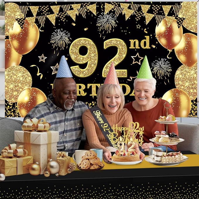 92nd Birthday Decorations Men Women with 92nd Birthday Banner, Black and Gold Table Cloth, Number Balloons, Large Sash, Cake Topper and Candles