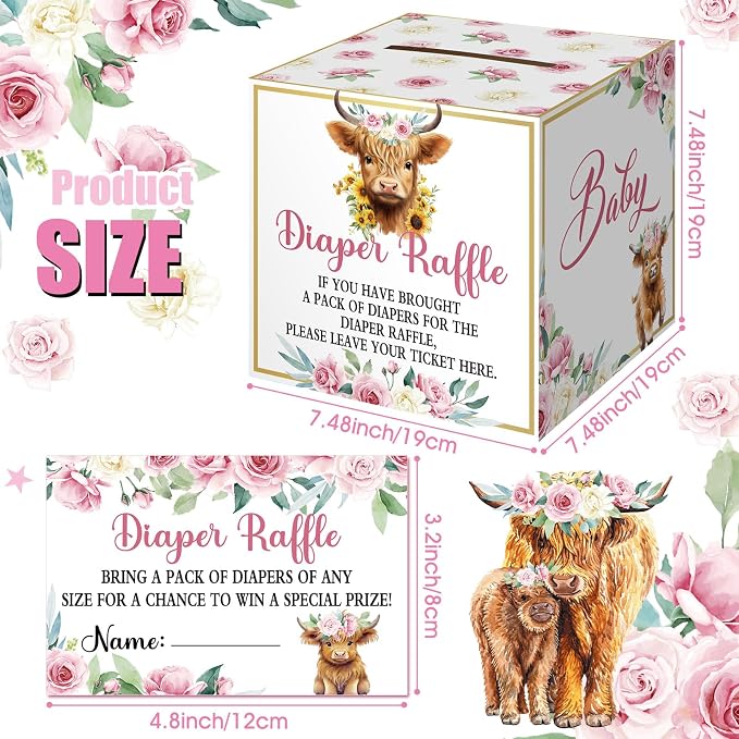 Teling 51 Pieces Diaper Raffle Tickets with Card Box Baby Shower Decorations Baby Shower Holder Box for Girl Boy Diaper Raffle Party(Highland Cow)
