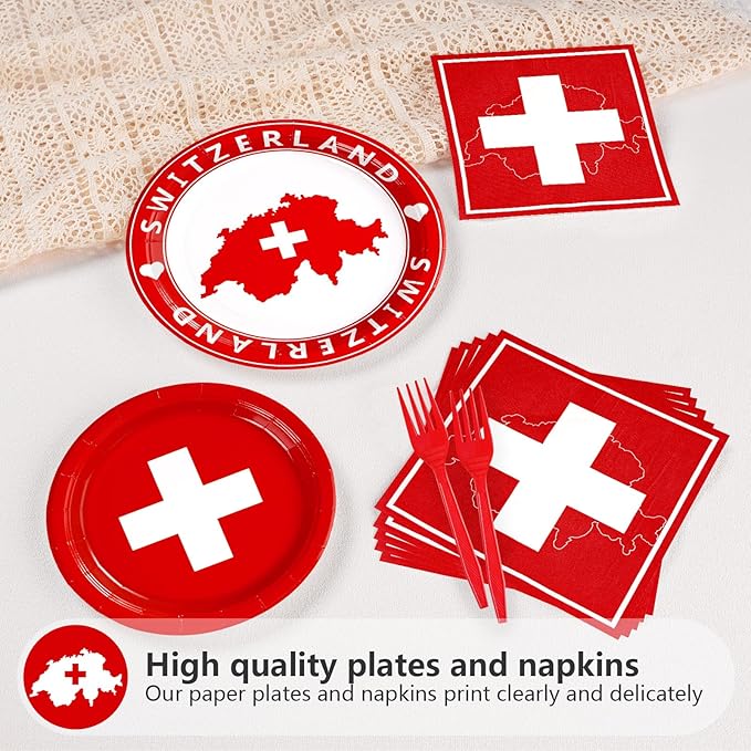 Grencian 96Pcs Switzerland Party Supplies Swiss Flag Plates and Napkins Disposable Switzerland Paper Plates Swiss National Day Decorations Tableware Kit for Football Events Travel, Cultural