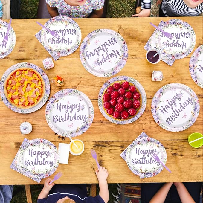 96Pcs Purple Floral Birthday Party Decorations Spring Purple Flowers Birthday Plates and Napkins Sets Flower Butterfly Decorations for Women Girls Lady Rose Shower Party Supplies Serves 24