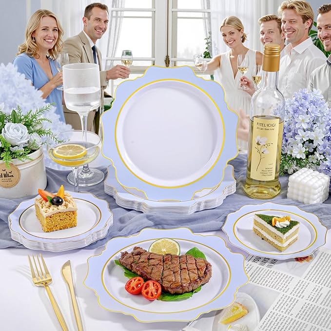 WDF 100PCS Blue Plastic Plates - Light Blue Plates Disposable - Heavy Duty Scalloped Plastic Plate for Parties/Wedding/Baby Shower