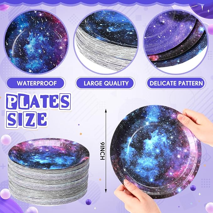 Funnymoom 60 Pcs Galaxy Party Plates 9 Inch Astronaut Outer Space Paper Plates Starry Night Sky Birthday Party Supplies for Baby Shower Galaxy Planet Decoration