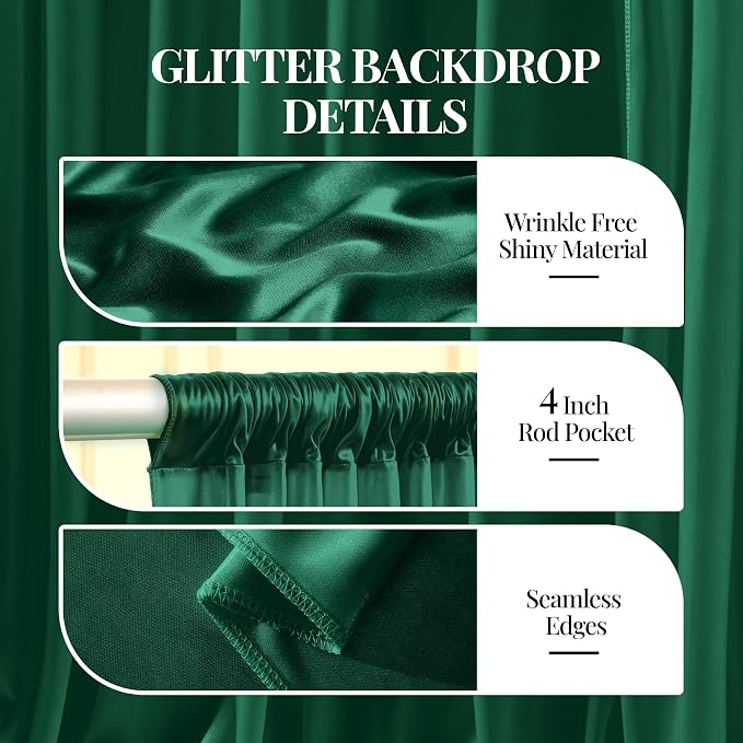 40x10ft Dark Green Glitter Backdrop Curtain for Parties, Wrinkle Free Satin Photo Backdrop Drapes 8 Panels 5x10FT Shimmer Back Drop Cloth for Wedding Birthday Baby Shower Photography Background Decor