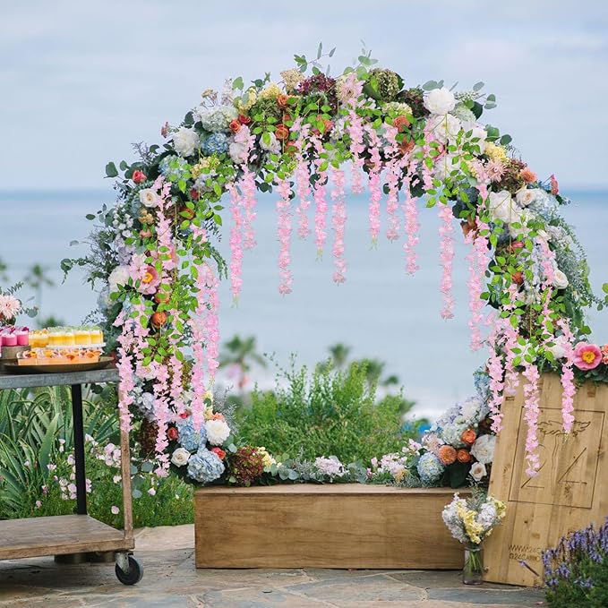 12 Pack Pink Wisteria Hanging Flowers Garland with Lights, 3.44 Feet Artificial Flower Vines, Fake Wisteria, Artificial Vines Hanging Garland for Backdrop Outdoor Patio Garden Decor