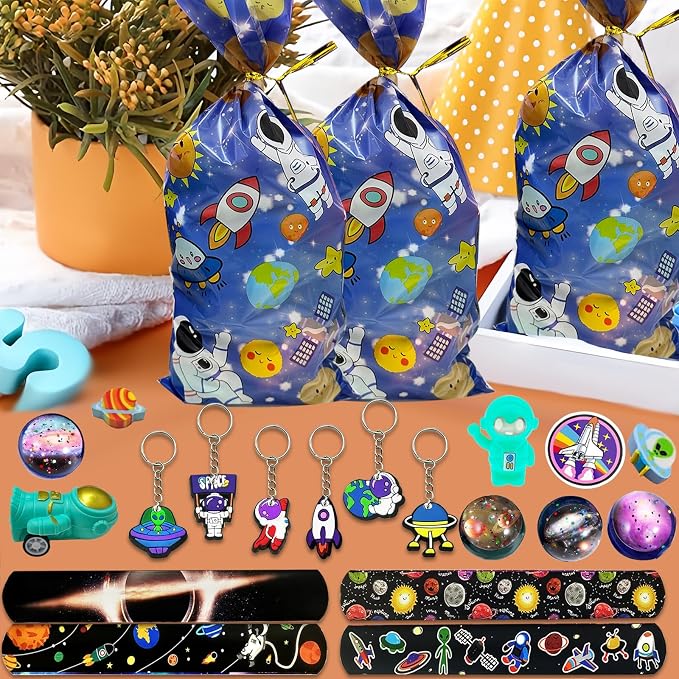 152PCS Space Party Favors Set, Outer Space Birthday Decorations Including Slap Bracelets, Keychains, Gift Bags, DIY Stickers, Drinking Straws, Alien Birthday Supplies