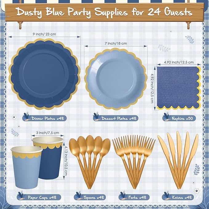 Mimorou 338 Pcs Dusty Blue Plates and Napkins Party Supplies for Guests Blue Tableware Include Scalloped Plates Paper Napkin Cup Spoon Fork Knife for Baby Shower, Wedding, Birthday