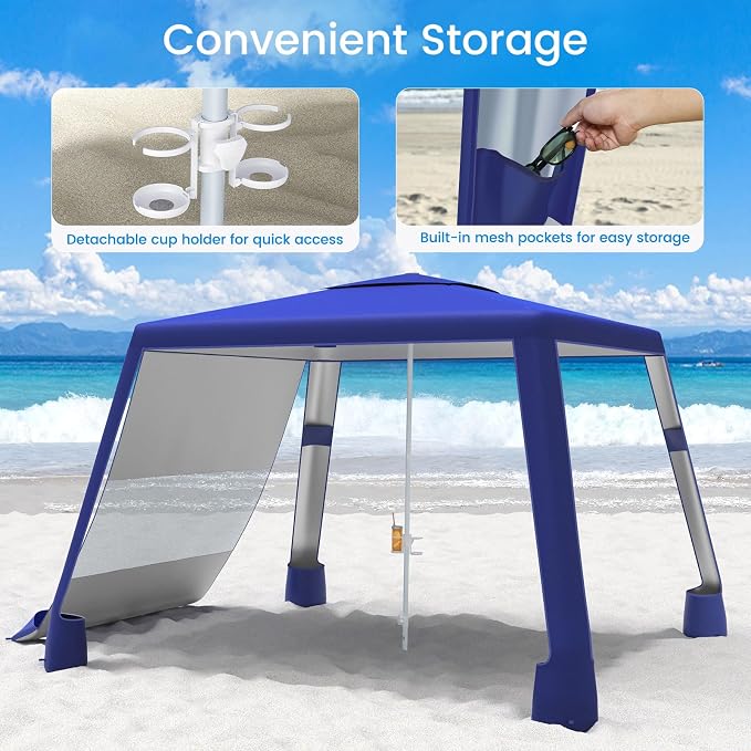 MoKo Beach Cabana, 8'×8' Large Beach Canopy with Side Wall, UPF 50+ Protection Easy Setup Beach Tent Sun Shelter, Adjustable Height Wind Resistant Cabana Beach Tent for Whole Family, Navy Blue