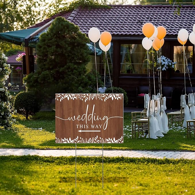 3 Pack 17''×12.5'' Wedding This Way Signs Double Sided Printed Wedding Directional Parking Sign with Stakes for Ceremony Reception Lawn Yard Arrow Signs Plastic Rainproof Party Supplies,Rustic