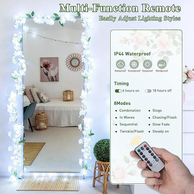 JMEXSUSS 48 LED White Flower Lights, Battery Artificial Flower Garland with Lights, 15.75 FT Climbing Weeping Jasmine Fairy Light with Flower Vines Garland for Spring Wedding Bedroom Decor(Cool White)