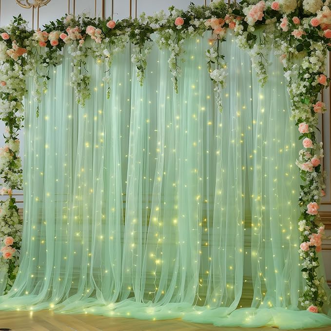 10x8ft Olive Green Tulle Backdrop Curtain with Lights String for Parites, Sheer Photo Backdrop Curtains for Easter Wedding Baby Shower Birthday Party Photo Shoot Decorations