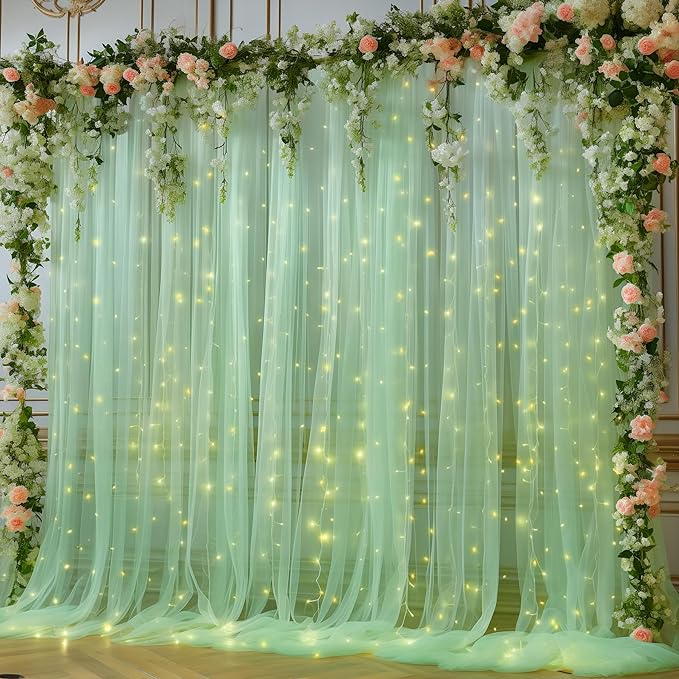 10x10ft Olive Green Tulle Backdrop Curtain with Lights String for Parites, Sheer Photo Backdrop Curtains for Wedding Baby Shower Birthday Party St. Patrick's Day Photo Shoot Background Decorations