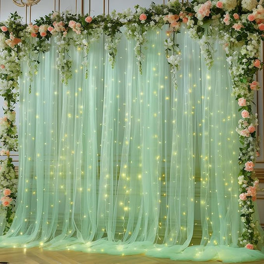 10x10ft Olive Green Tulle Backdrop Curtain with Lights String for Parites, Sheer Photo Backdrop Curtains for Wedding Baby Shower Birthday Party St. Patrick's Day Photo Shoot Background Decorations