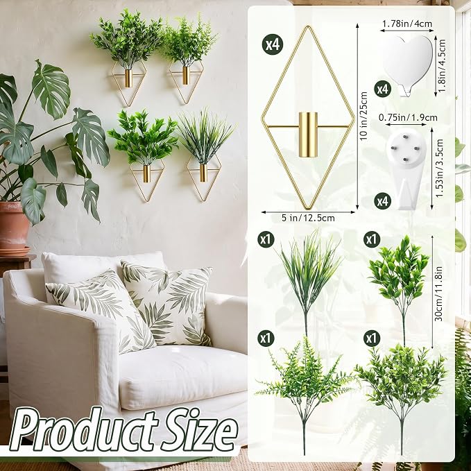 Hanaive 4 Sets Boho Wall Decoration Metal Wall Art Hanging Planters with Artificial Pampas Display Modern Home Vase for Bedroom Home Office(Brisk,Green)