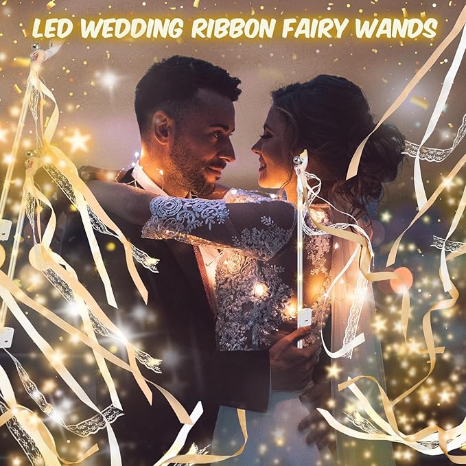 HONLYNE 200 PCS Wedding Wands with Lights,Fairy Wands, LED Silk Fairy Wand with Bells for Wedding Send Off, New Year, Raves, Concert, Birthday