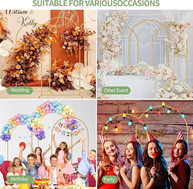 Metal Arch Backdrop Stand Set of 3(6 ft, 5 ft, 4 ft) Party Arch Stands for Valentines Day, Wedding, Birthday, Baby Shower, Bridal Shower,Balloon Arched Frame for Garden Decor, Gold Floral Arches
