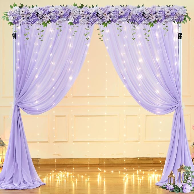 20ft x 10ft Lavender Chiffon Backdrop Curtain with Lights String for Parties,4 Panels Sheer Tulle Curtain Wedding Backdrop for Baby Shower Birthday Party Ceremony Reception Home Decorations