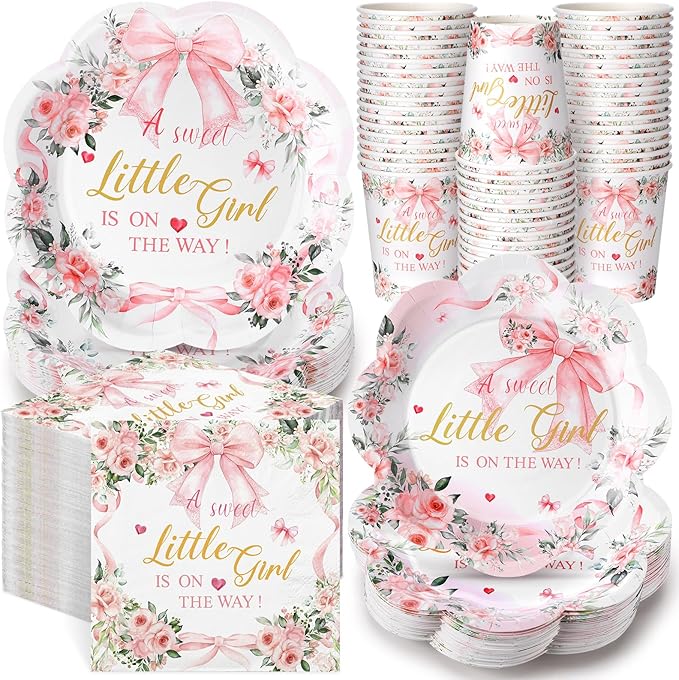 250 Pcs a Sweet Little Girl Is on The Way Baby Shower Plates and Napkins Pink Bow Baby Shower Disposable Plates and Napkins Floral Birthday Tableware Dinnerware for 50 Guests Birthday Party Supplies