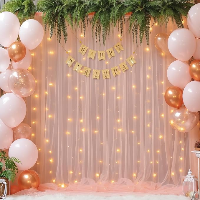 20x8ft Peach Tulle Backdrop Curtain with Lights String for Parites, Sheer Photo Backdrop Curtains with Lights for Wedding Backdrop Ceremony Reception Bridal Shower Baby Shower Birthday Party