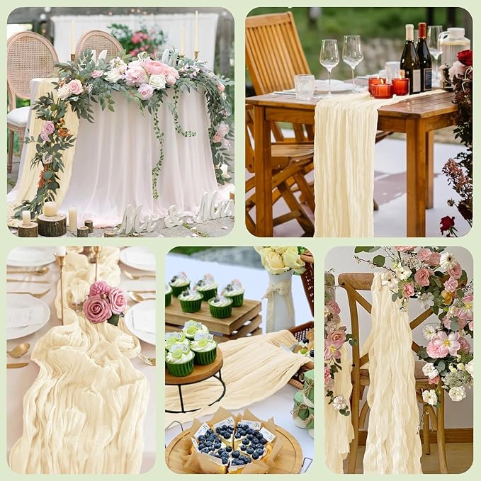 6PCS Table Runner Cheesecloth 10FT Beige Boho Gauze Cheese Cloth Rustic Sheer Table Runners for Wedding Bridal Baby Shower Party Decoration