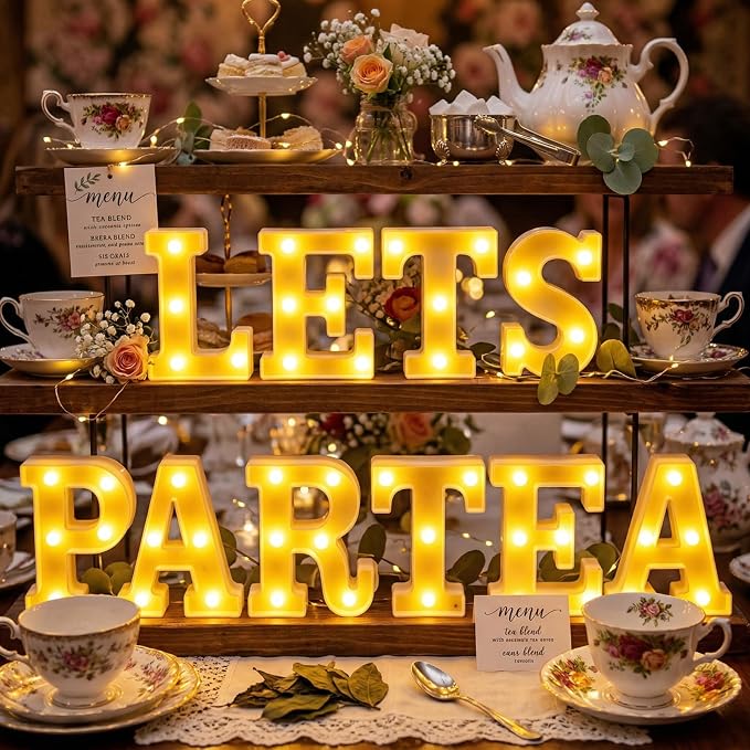 Honoson 10 Pcs Tea Party Birthday Decorations Lets Par Tea Lights Sign Decor Neon LED Lights Table Decoration for Birthday Girl Baby Shower Party Home Indoor Decor