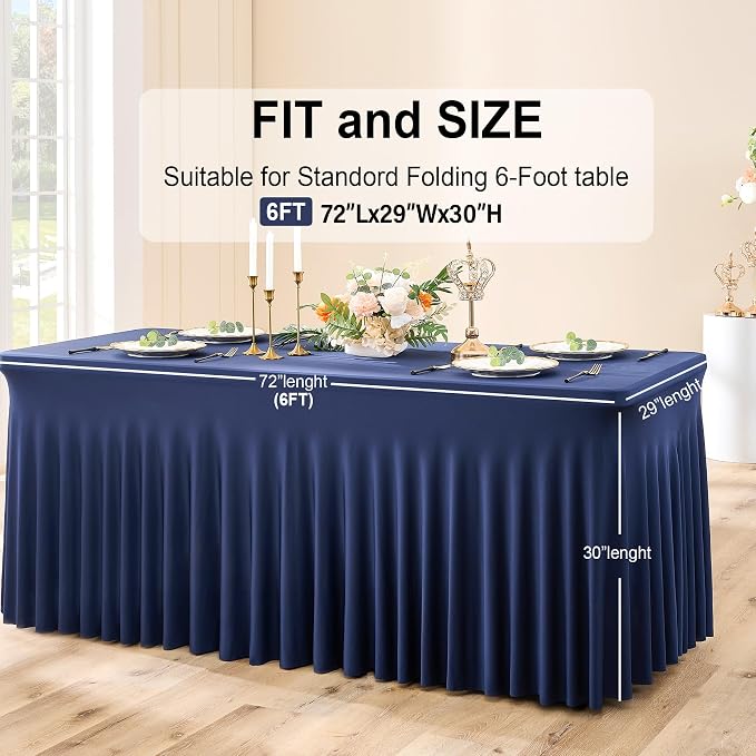 Outpain 6ft Spandex Table Cloth for Standard Folding Tables-6Pack Navy Blue Table Cloth Table Protector for Party, Wedding, Cocktail, Banquet, Festival