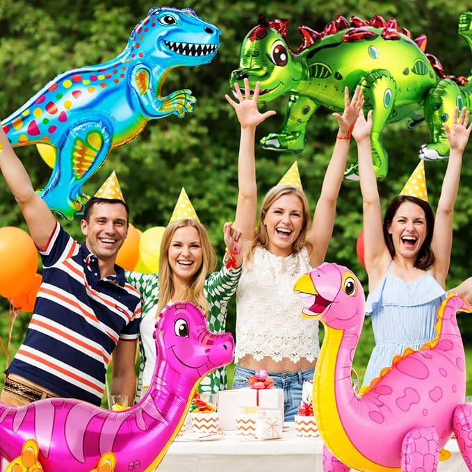 Foilswirl 10 Pcs Giant 3D Dinosaur Balloons for Birthday Party Decorations (20-35") Cute Self-standing Dino Balloons Inflatable Foil Balloon for Jungle Theme, Jurassic Theme, Baby Shower Supplies