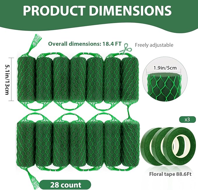 28 Pcs Floral Foam Garland 18.4ft Flower Sponge Blocks Kit, Absorption Flower Holder Arch Door Tabletop Flower Arrangement Material Floral Craft Wet Foam Blocks for Home Wedding Holiday Decoration