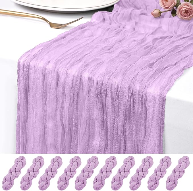 10 Pack Lavender Cheesecloth Table Runner 17x108 Inch Semi Sheer Boho Rustic Gauze Cheese Cloth Table Runners for Wedding Party Birthday Baby Shower Home Décor