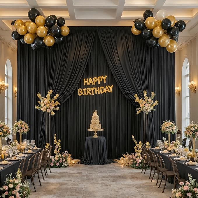 40ftx10ft Wrinkle Free Black Backdrop Curtain for Parties 8 Panels 5x10ft Silky Polyester Photo Backdrop Drapes Back Drop Cloth Drapery for Wedding Birthday Background Photography Photoshoot Decor