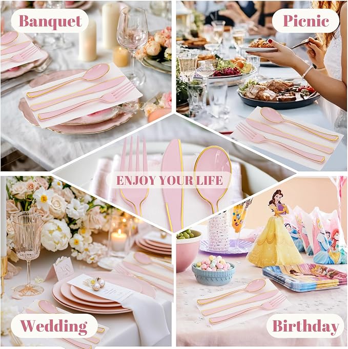 WDF 180 Pieces Pink Plastic Silverware with Gold -Pink Plastic Utensils Set - 60 Guest Cutlery Disposable for Birthday Party Baby Shower Wedding Spring