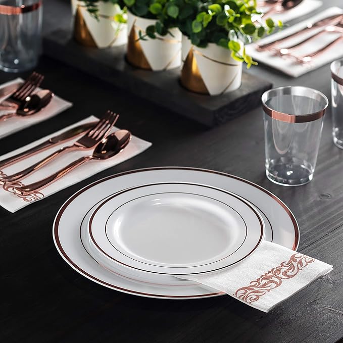 TTFM 175 Piece Plastic Dinnerware Set for 25 Guests, Plastic Plates for Party, Includes 25 Dinner Plates, 25 Dessert Plates, 25 Pre Rolled Napkins With Plastic Silverware, and 25 Cups (Rose Gold)