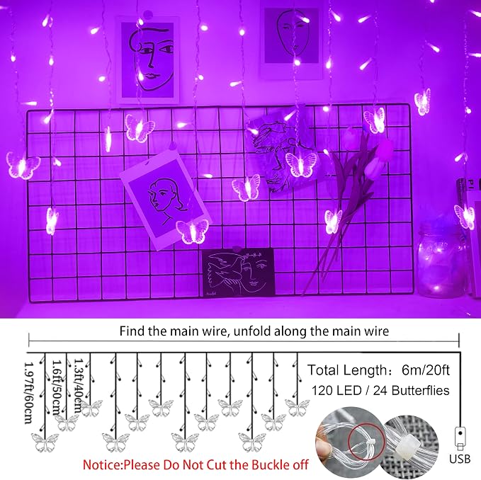 Purple Butterfly Curtain Fairy Lights USB Plug in,120 LED 8 Modes 20FT Firefly Twinkle Icicle String Lights with Remote Timer Waterproof for Halloween Bedroom Christmas Wedding Party Dorm