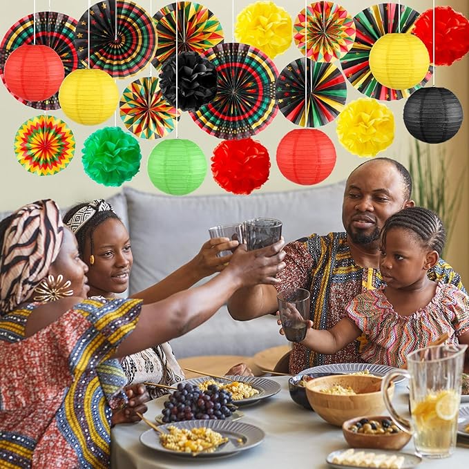 Outus 21 Pcs Black History Month Hanging Decorations Paper Fans Black History Ceiling Decor Kwanzaa Kente Paper Fan Lantern Pom Poms for African American Classroom Wall Decor