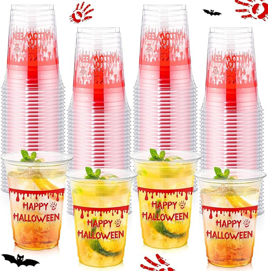 100 Pcs Halloween Plastic Cups 16 oz Clear Disposable Blood Print Halloween Cups Bulk for Trick or Treat Spooky Scary Party Supplies Decoration