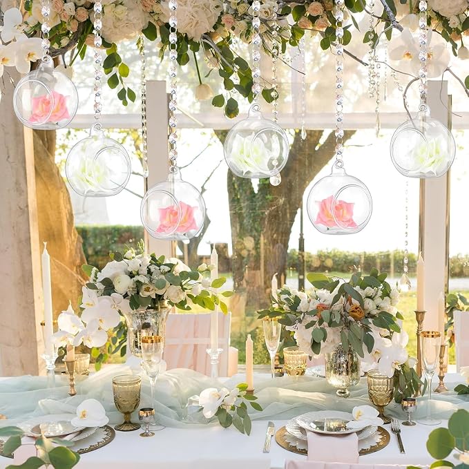 12 Sets Hanging Candle Holder Wedding Glass Globe with Acrylic Gems Bead Garland Hanging Tea Light Candle Holder Orbs Container for Flower Plant Micro Landscape DIY Party Tree Decor 2.36 Inch