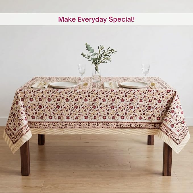 ATOSII Sophia 100% Cotton Rectangle Boho Spring Tablecloth, Handblock Floral Table Cloth Linen for Kitchen Dining I Parties Wedding Outdoors Farmhouse Grandmillennial I 60 X 108 Inches I 8 Seater