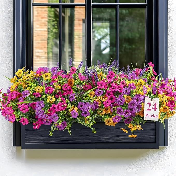Alupssuc 24 Bundles Artificial Flowers for Outdoors Planters Spring Decoration, UV Resistant Faux Eucalyptus Violet and Lavender Silk Fake Plants for Outside Indoor Yard Home Patio Decor, Mix 3 Colors