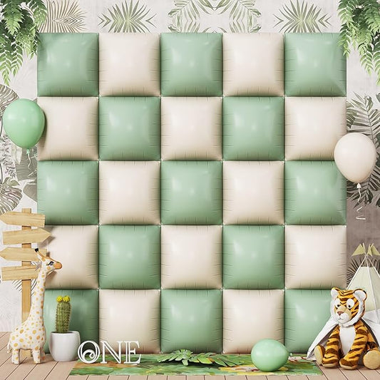 Sage Green Square Foil Balloon Wall, 25PCS Double Sided Mint Green and White Square Balloons Backdrop, Foil Balloons Flat Tunnel Background for Boho Birthdays Baby Shower Jungle Safari Theme Wedding