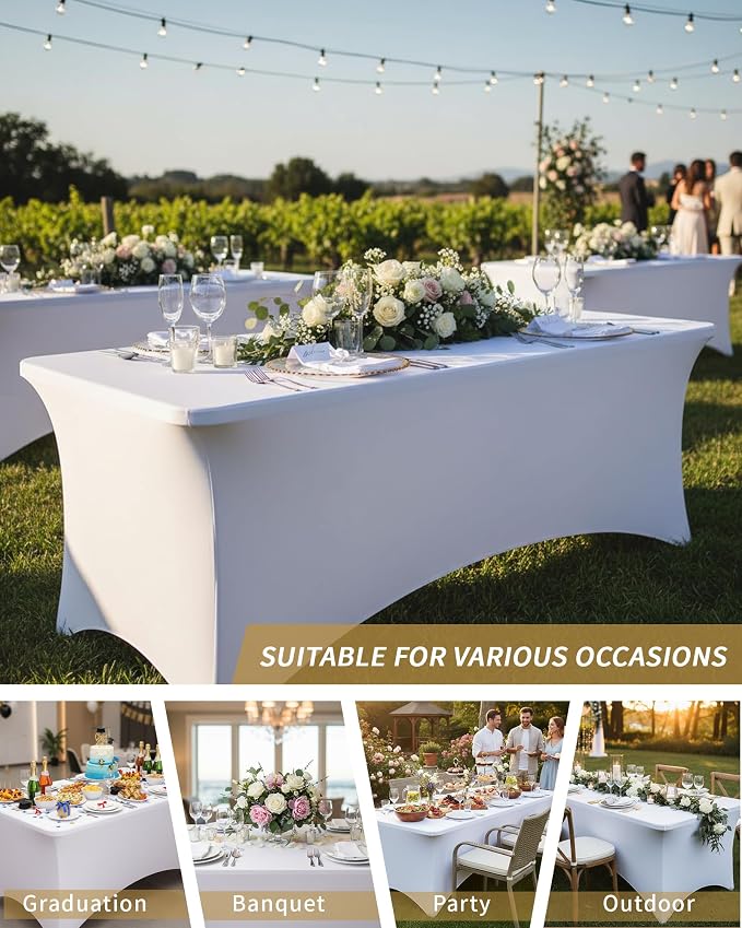 Fixwal 18 Pack 6Ft White Table Cover, Spandex Fitted Bulk Tablecloths Rectangle, Wrinkle-Free and Stretch Folding Table Cloth for Banquet, Wedding, Party, Trade Show